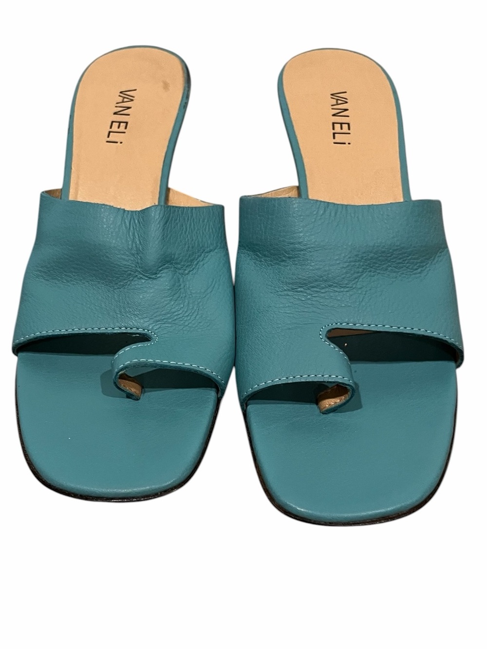 Vaneli Teal Leather Slide Sandals toe ring  blue kitten heel size 9 narrow